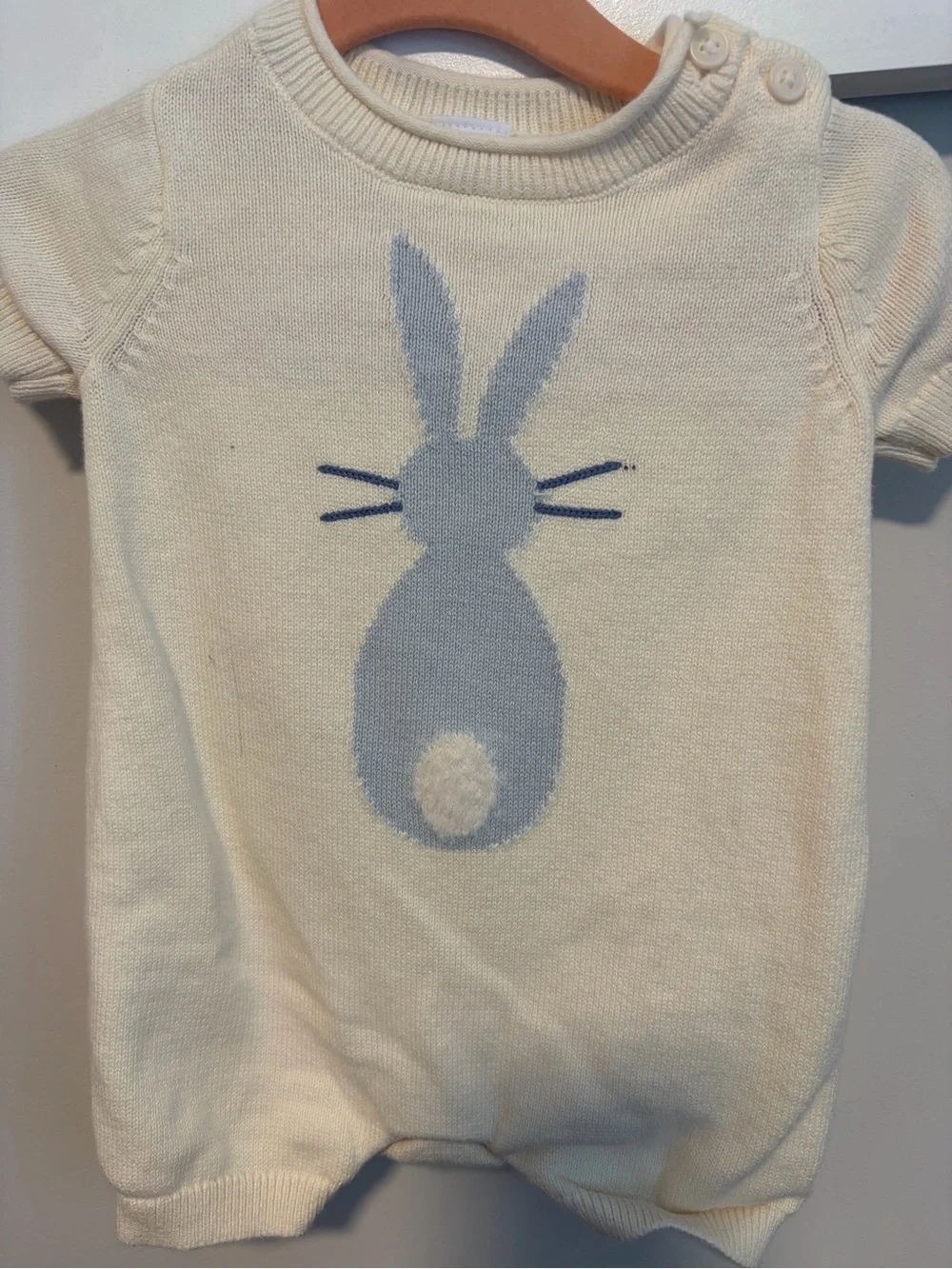 GAP Cream Knit Romper with Light Blue Bunny Motif